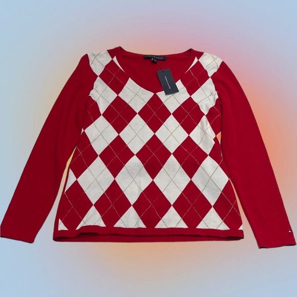 TOMMY HILFIGER Women’s Small Red White Argyle Sweater - Picture 1 of 5